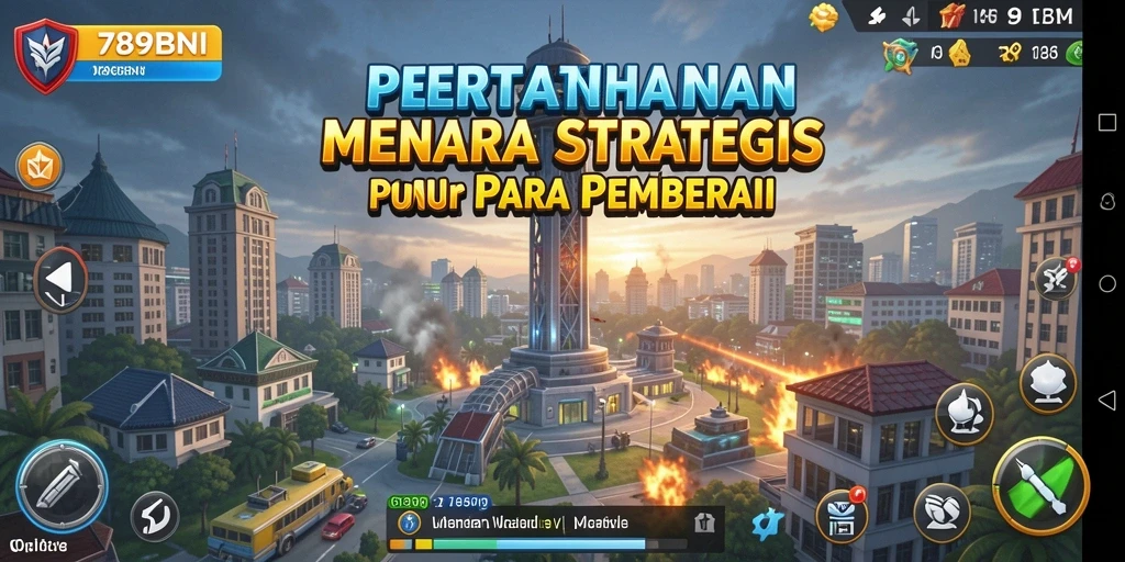Screenshot gameplay menampilkan pertahanan menara yang kuat dan strategi serangan.