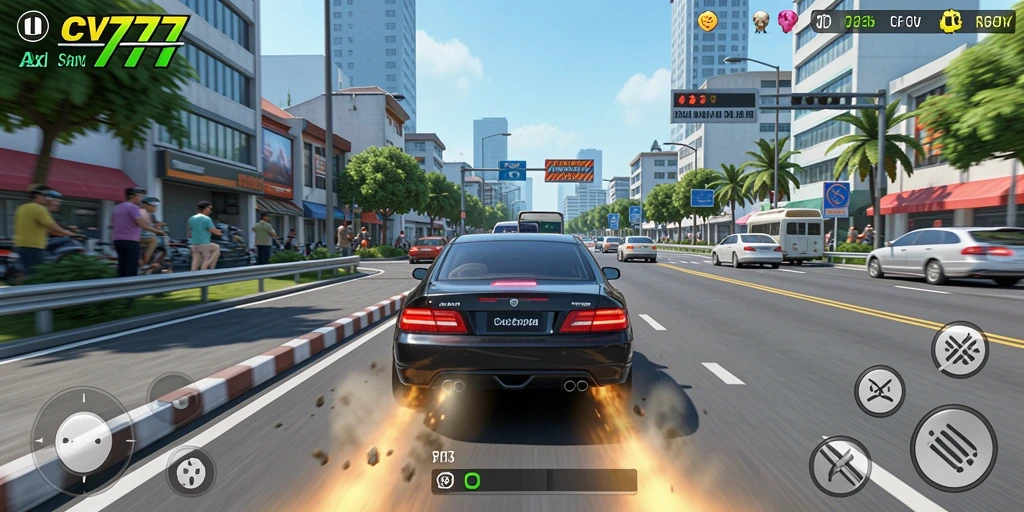 Screenshot gameplay CV777 dengan mobil balap yang melaju kencang.