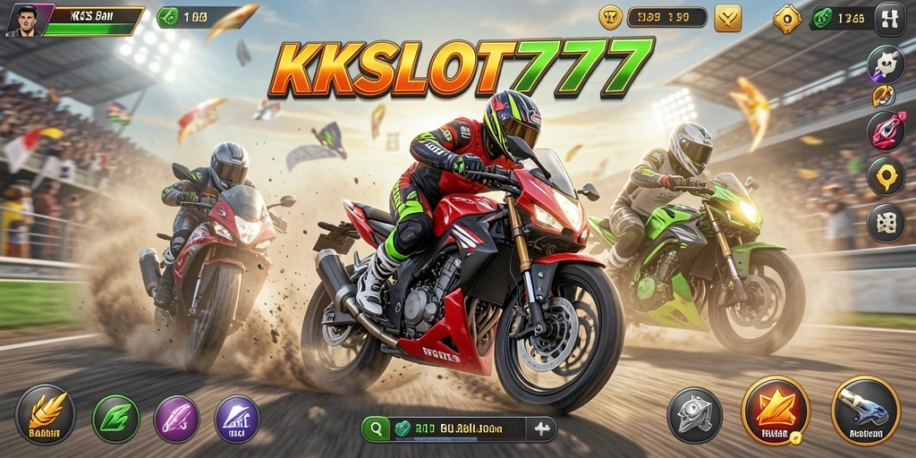 Tangkapan layar utama KKSLOT777 menampilkan aksi balap motor yang mendebarkan.