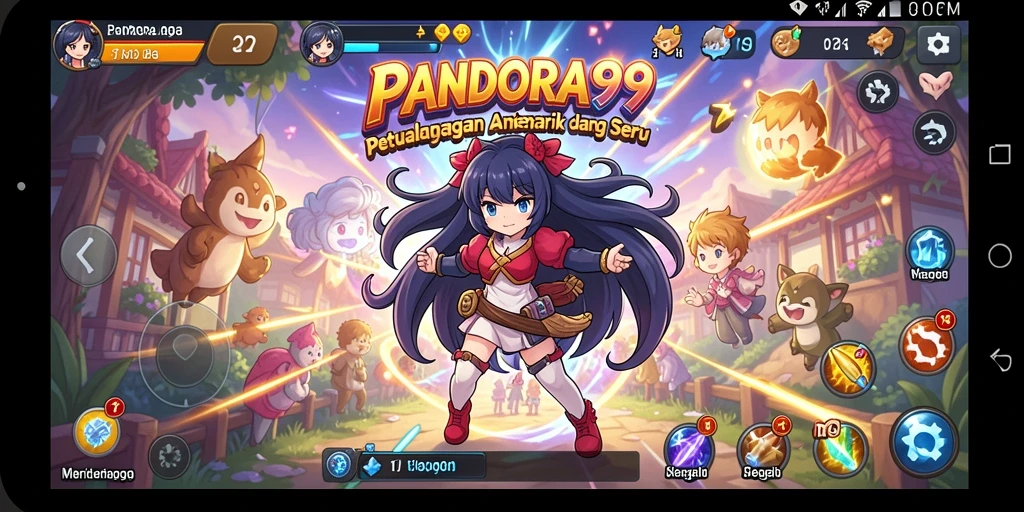 Screenshot gameplay PANDORA99 menampilkan karakter Anime yang dinamis dan penuh aksi.